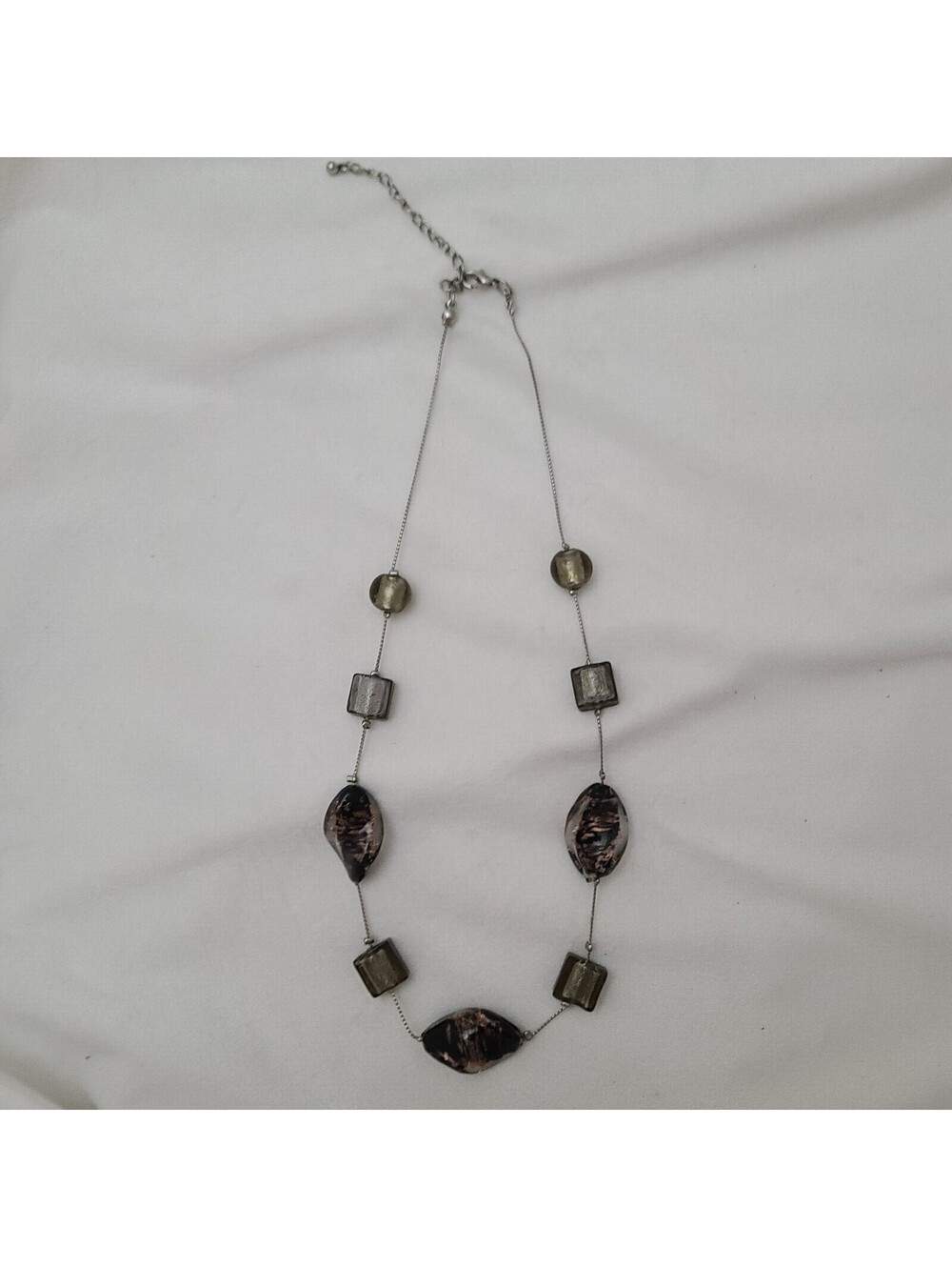 Glass Blown Beaded Necklace With Infused Colors in Black & Copper Silver Tone